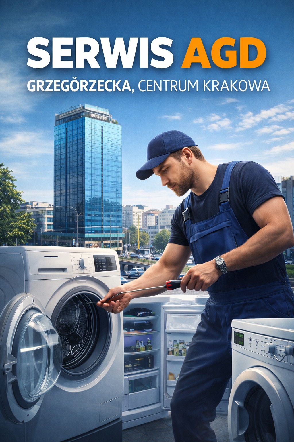 Serwisant AGD w niebieskim kombinezonie naprawia pralkę na tle budynku w Krakowie, Grzegórzki. Widoczna otwarta pralka, lodówka i druga pralka.