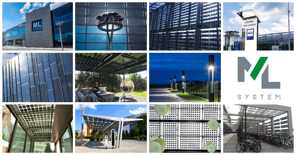 Zestawienie różnych zastosowań paneli słonecznych: fasada budynku, oświetlenie uliczne, zadaszenie tarasu z osobami siedzącymi, przystanek autobusowy, stacja ładowania pojazdów elektrycznych...