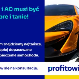 Reklama z pomarańczowym sportowym samochodem, obok tekst informujący o tanim ubezpieczeniu OC i AC, logo firmy.