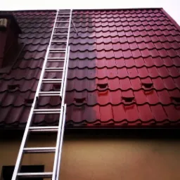 Częściowo umyty, czerwony dach z blachodachówki, widoczna drabina oparta o ścianę budynku.