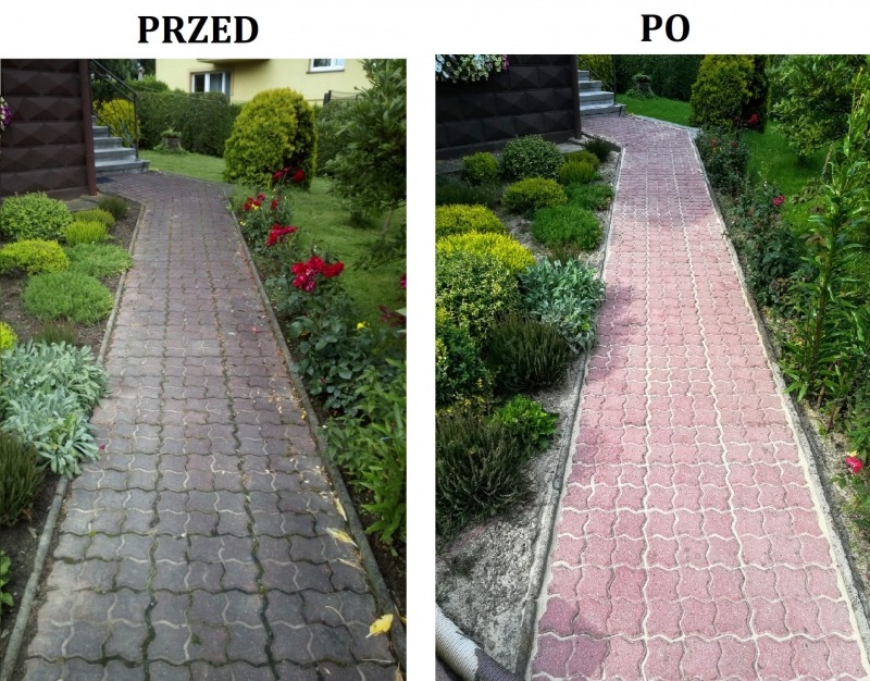 Porównanie kostki brukowej przed i po czyszczeniu: po lewej stronie zabrudzona i porośnięta mchem, po prawej czysta i odświeżona, otoczona zielenią ogrodu.