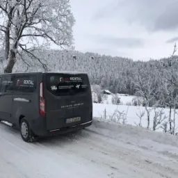 Szary bus Ford Transit z logo wypożyczalni LB Rental na tle zimowego krajobrazu z ośnieżonymi drzewami i wzgórzami.