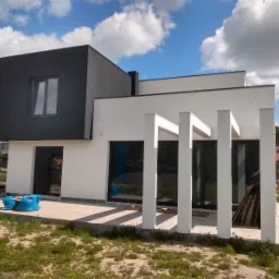 Nowoczesny dom jednorodzinny z płaskim dachem i elementami w kolorze antracytowym w Piotrków Trybunalski, widoczne przygotowania do dalszych prac wykończeniowych na zewnątrz.