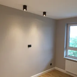 Pomalowane na szaro wnętrze pokoju z drewnianą podłogą, trzema czarnymi lampami sufitowymi, grzejnikiem pod oknem i podwójnym gniazdkiem elektrycznym w ścianie.