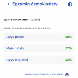 Wyniki egzaminu ósmoklasisty z języka polskiego (98%), matematyki (97%) i języka angielskiego (93%) w maju 2025. Widok ekranu z deklaracją.