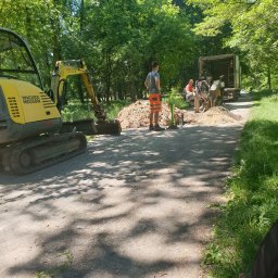 Wojtek - Prace ziemne w parku: żółta koparka Wacker Neuson 2503, wykop, pracownicy w odblaskowych ubraniach i ciężarówka w tle, otoczenie drzew.