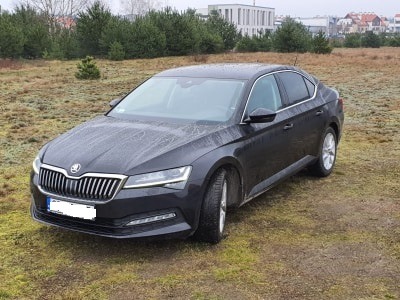 Ciemnoszara Skoda Superb na trawiastym terenie z młodymi drzewami iglastymi w tle, widoczny budynek w oddali.