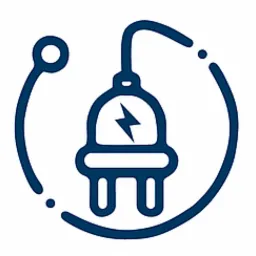 Graficzna ikona wtyczki elektrycznej w kolorze granatowym z symbolem błyskawicy w obrysie koła.