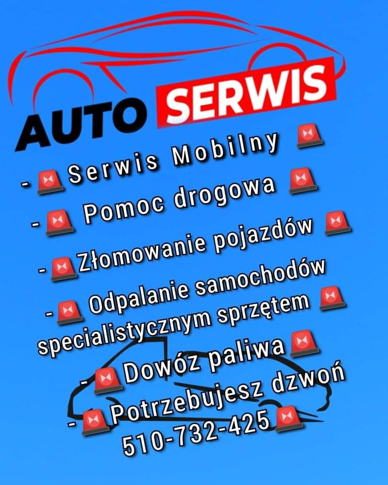 Grafika reklamowa auto serwisu mobilnego z usługami pomocy drogowej, złomowania pojazdów, odpalania samochodów specjalistycznym sprzętem i dowozu paliwa, z numerem telefonu kontaktowym.