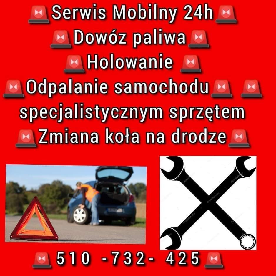 Grafika reklamowa serwisu mobilnego 24h z usługami: dowóz paliwa, holowanie, odpalanie samochodu specjalistycznym sprzętem, zmiana koła na drodze; w tle zdjęcie osoby przy otwartym bagażniku...