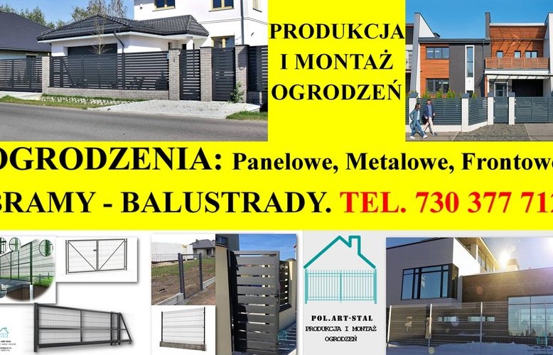 Kompozycja zdjęć prezentująca panele ogrodzeniowe, siatki ogrodzeniowe oraz bramy, z jasnym, żółtym tłem zawierającym tekst 'PRODUKCJA I MONTAŻ OGRODZEŃ' i dane kontaktowe.