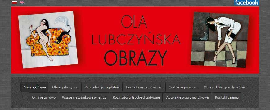 Strona internetowa artystki Oli Lubczyńskiej prezentująca obrazy, z nawigacją i linkiem do Facebooka.