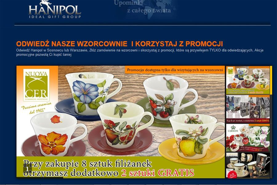 Reklama filiżanek z motywami kwiatowymi i owocowymi firmy Hanipol w Lublinie, z promocją 'Przy zakupie 8 sztuk filiżanek otrzymasz dodatkowo 2 sztuki GRATIS'.