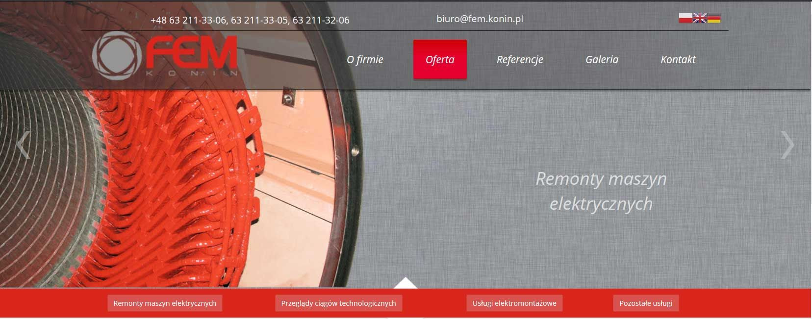 Strona internetowa firmy FEM Konin z ofertą remontów maszyn elektrycznych, widoczne menu z zakładkami Oferta, Referencje, Galeria i Kontakt.