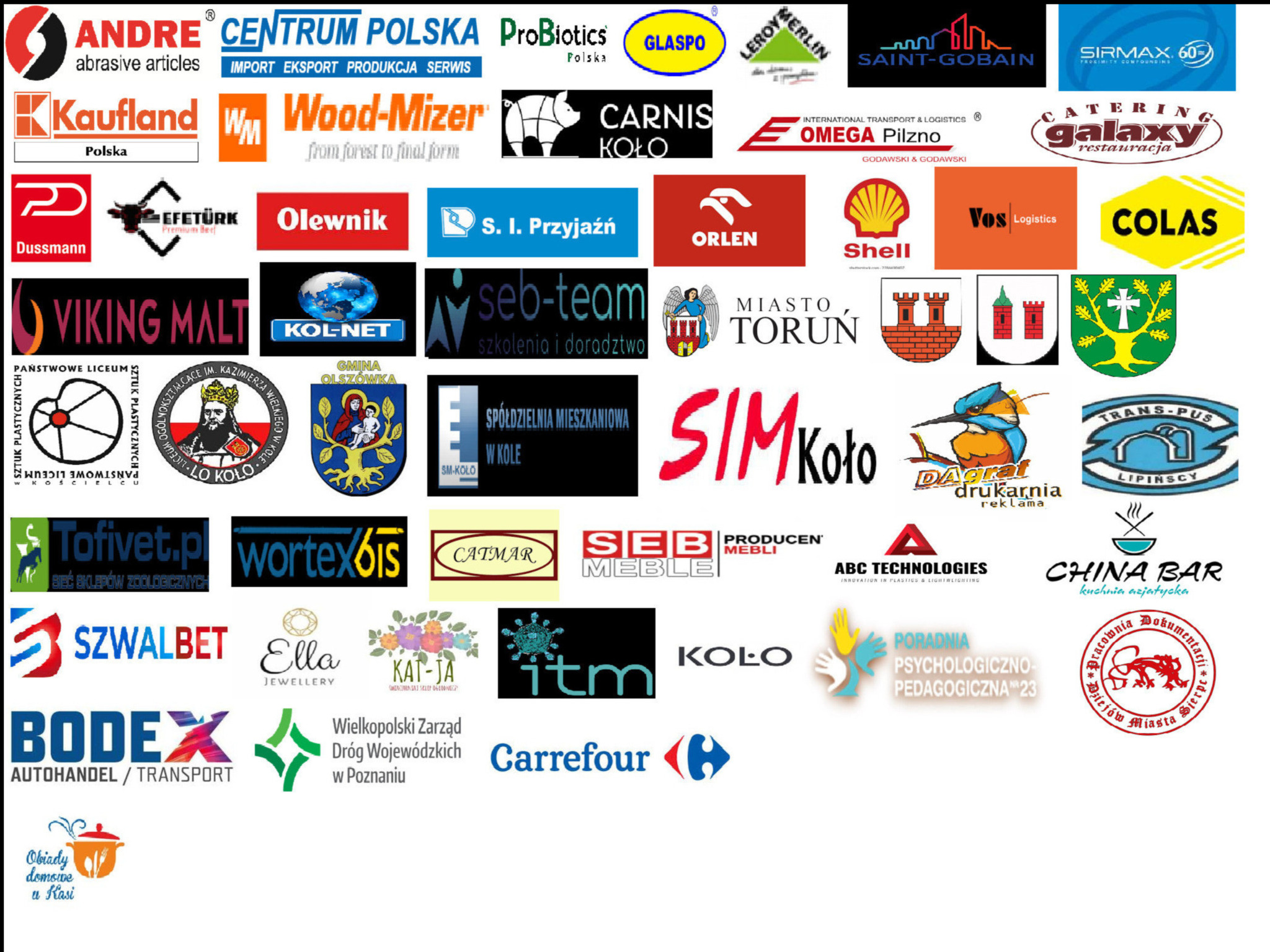Zbiór logotypów różnych firm, potencjalnych klientów, zróżnicowane style i branże, od spożywczej po przemysłową, prezentowane na białym tle.