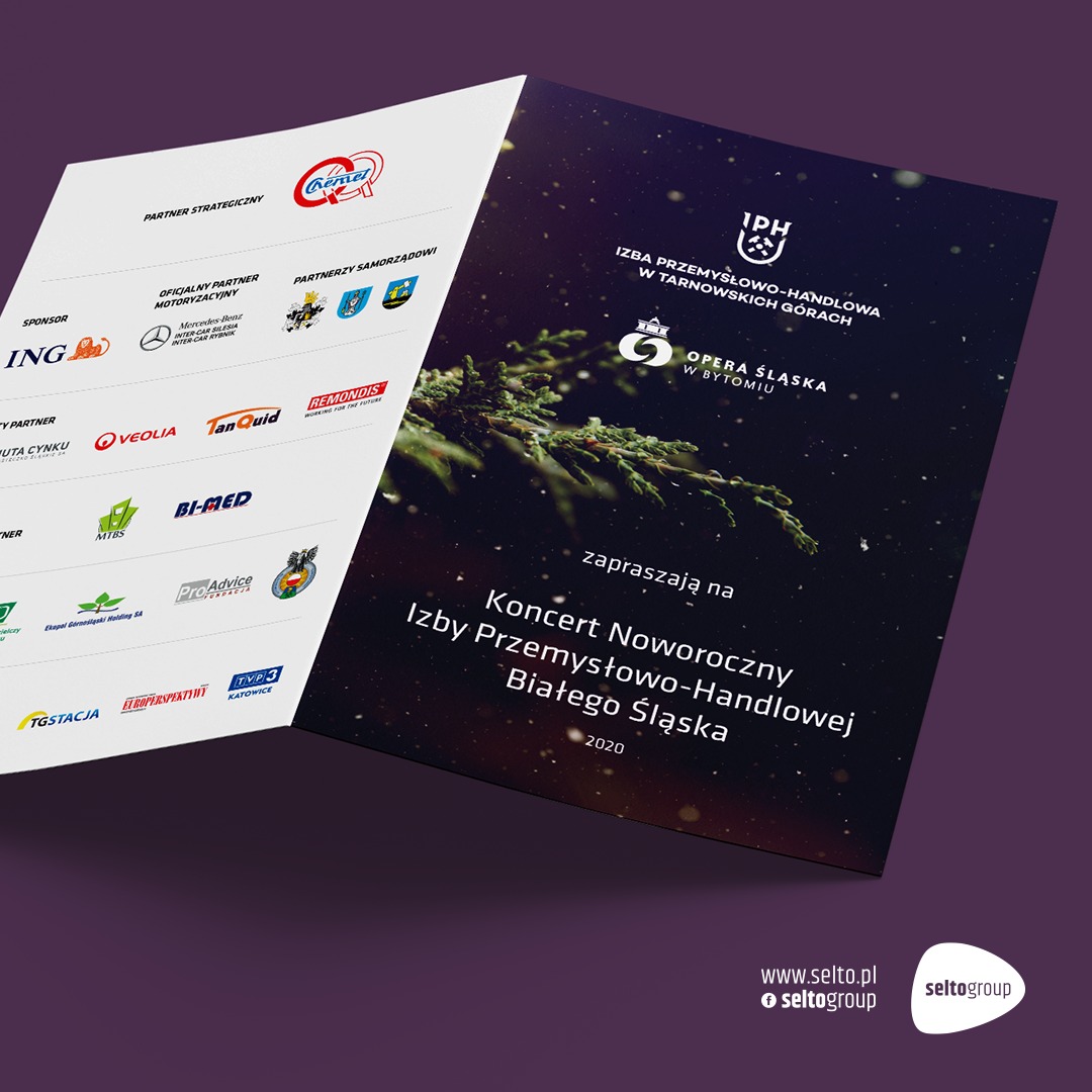 Dwuczęściowa broszura reklamowa z listą partnerów i zaproszeniem na koncert noworoczny Izby Przemysłowo-Handlowej Białego Śląska 2020, z elementami graficznymi i logotypami sponsorów.