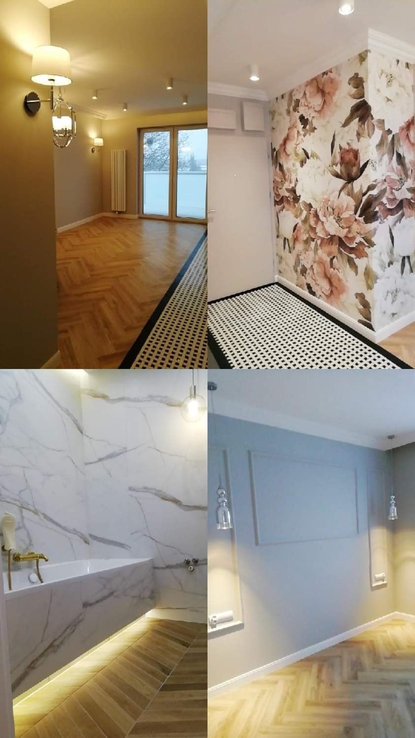 Kolaż wnętrz: salon z parkietem w jodełkę i wyjściem na balkon, pokój z tapetą w kwiaty, łazienka z marmurową wanną i salon z dekoracyjną sztukaterią.