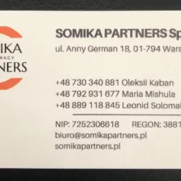Wizytówka firmy Somika Partners Sp. z o.o. z logo, adresem w Warszawie i danymi kontaktowymi.