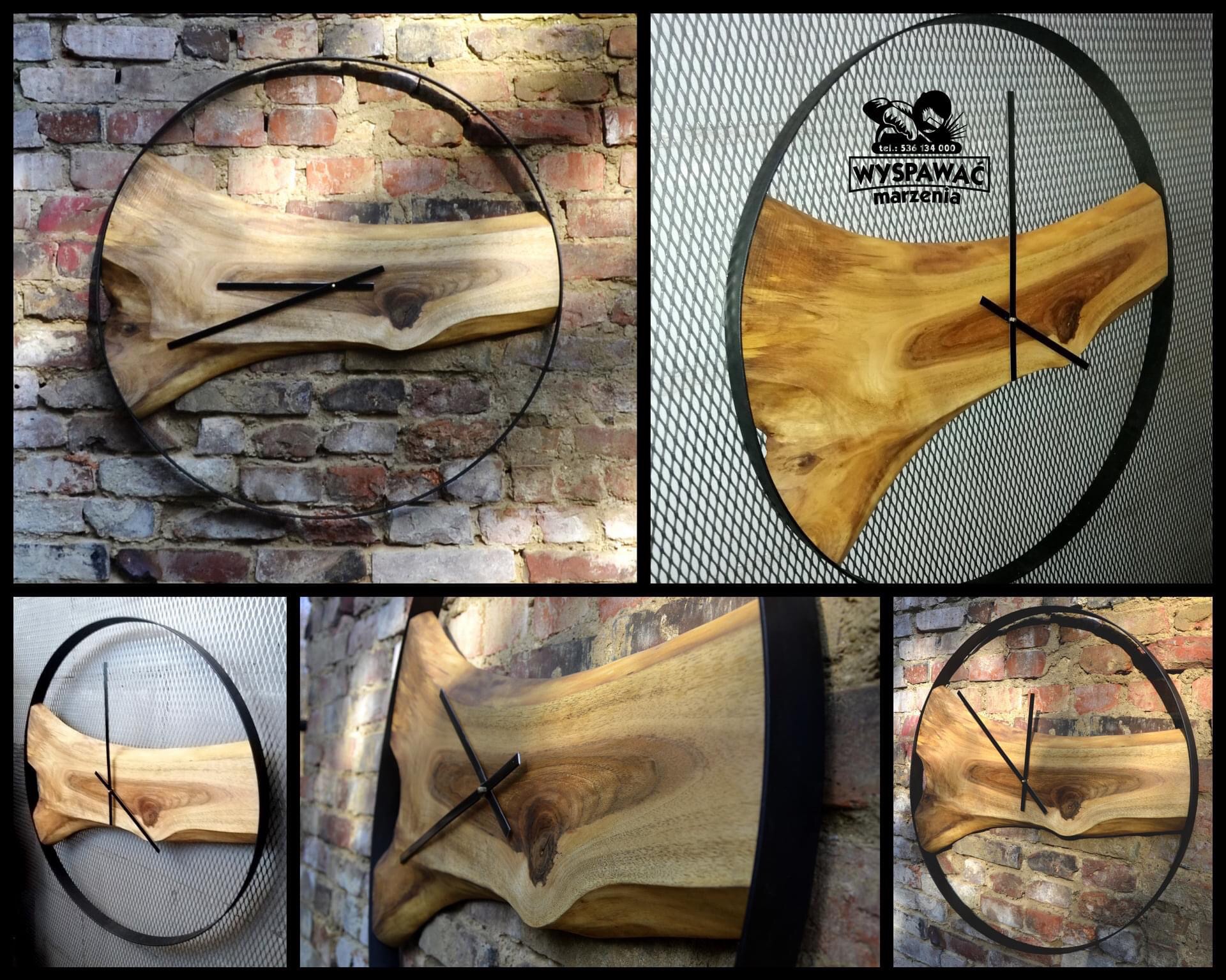 Kreatywny zegar ścienny z naturalnego drewna i metalu, wykonany w Gniewowie. Widoczne różne ujęcia zegara na tle ceglanej ściany i metalowej siatki.