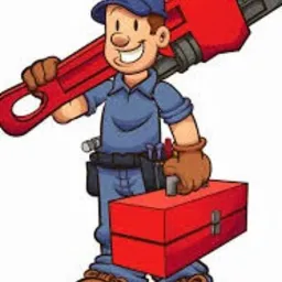 Karykatura uśmiechniętego hydraulika z Lublina w niebieskim kombinezonie niosącego na ramieniu ogromny czerwony klucz francuski i czerwoną skrzynkę narzędziową.
