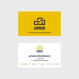 Żółto-biała wizytówka firmy remontowo-wykończeniowej JARBUD z niebieskim logo składającym się z geometrycznych kształtów, zawierająca dane kontaktowe i zakres usług.