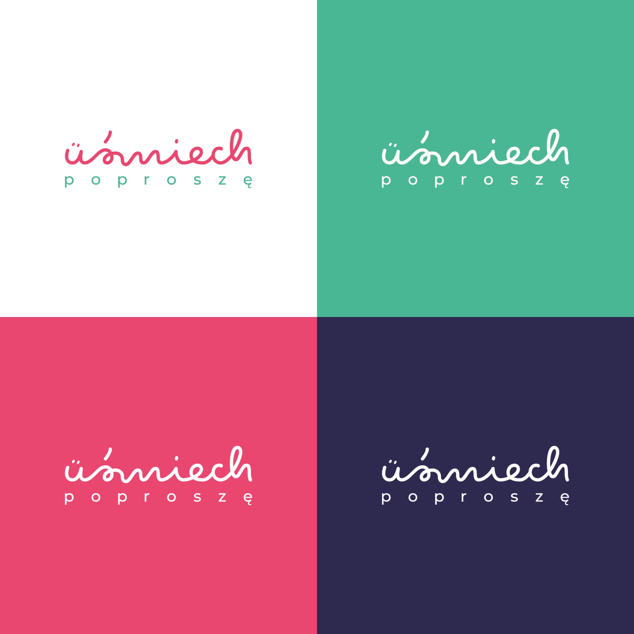 Wizualizacja logo 'Uśmiech poproszę' w czterech wariantach kolorystycznych: różowym, zielonym, czerwonym i granatowym, na kwadratowym tle podzielonym na cztery równe części.