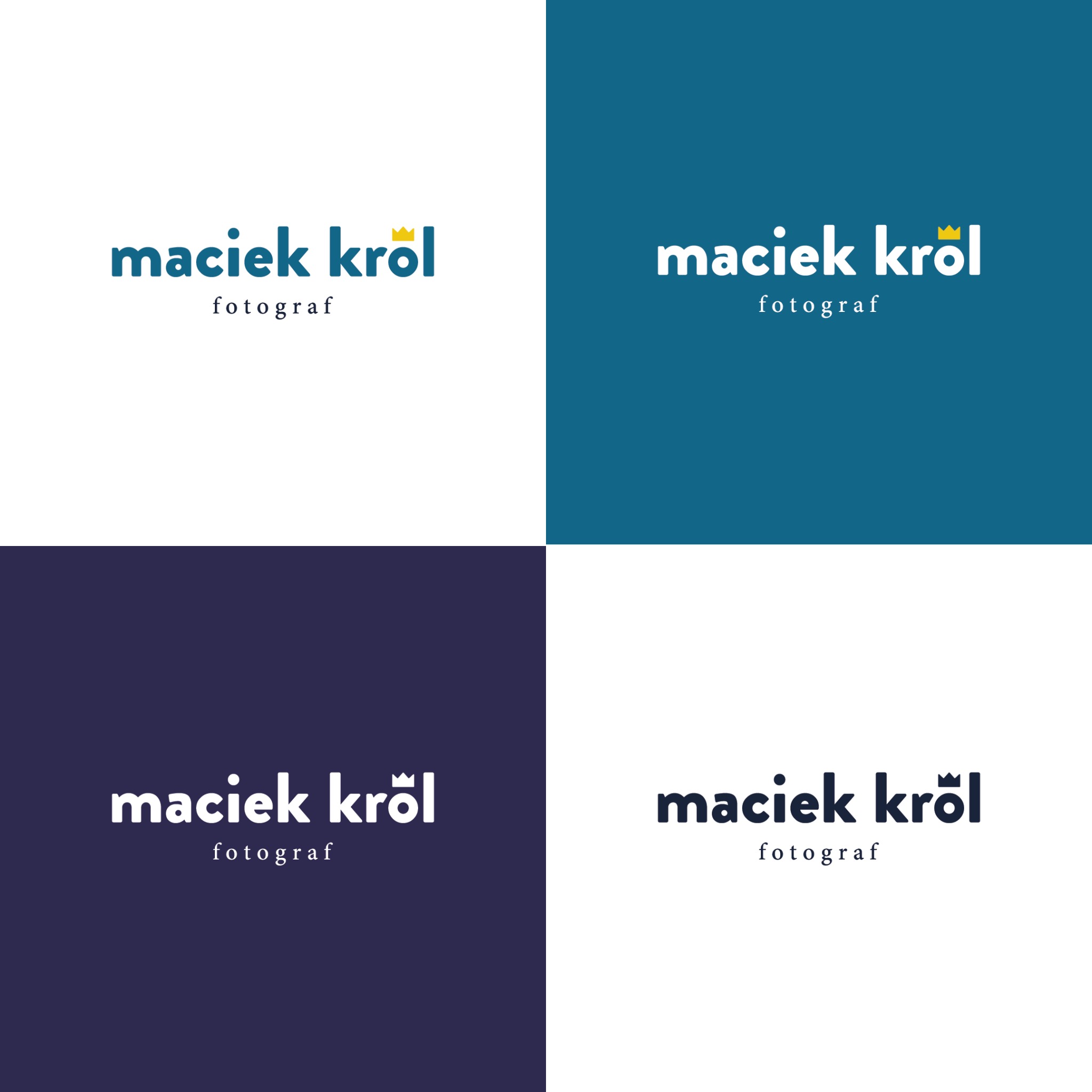Cztery warianty logo fotografa 'maciek król' z koroną nad 'ó' na białym, granatowym i niebieskim tle.