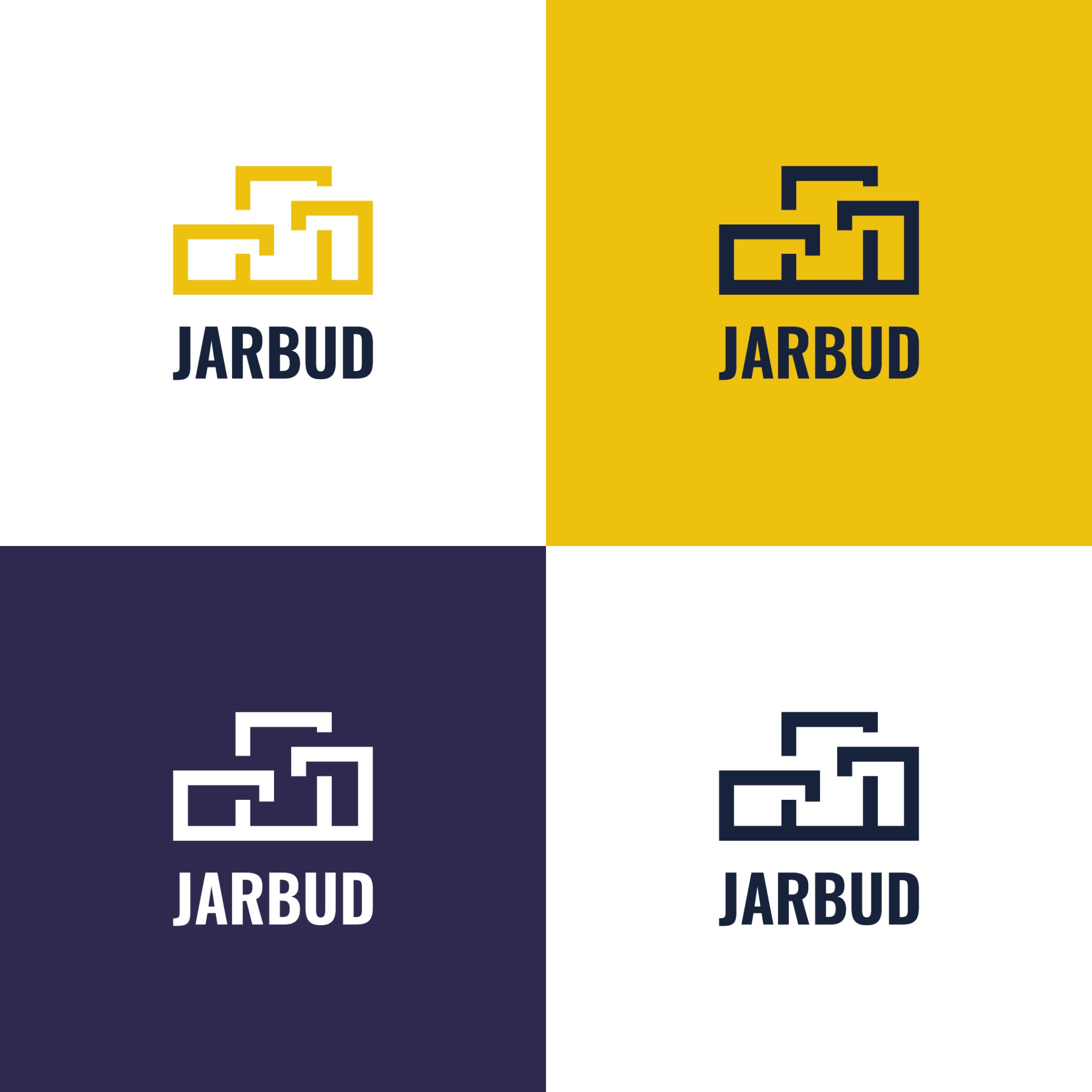 Logo firmy JARBUD przedstawione w czterech wariantach kolorystycznych: żółte logo na białym tle, granatowe logo na żółtym tle, białe logo na granatowym tle i granatowe logo na białym tle. Logo...