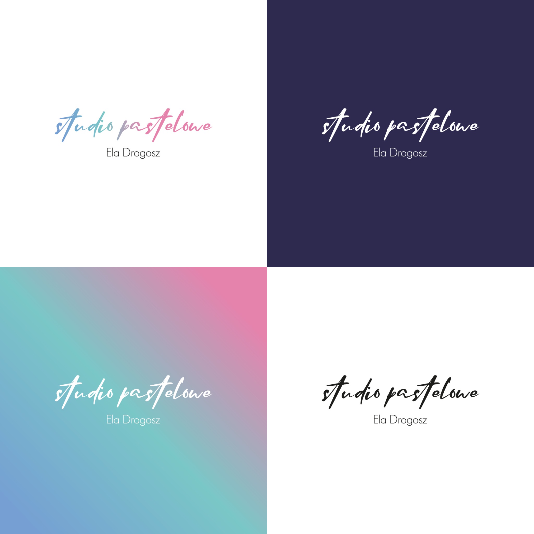 Cztery warianty logo 'Studio Pastelowe' z imieniem Ela Drogosz, na białym, granatowym i gradientowym tle w odcieniach różu i błękitu, prezentujące różne opcje kolorystyczne.