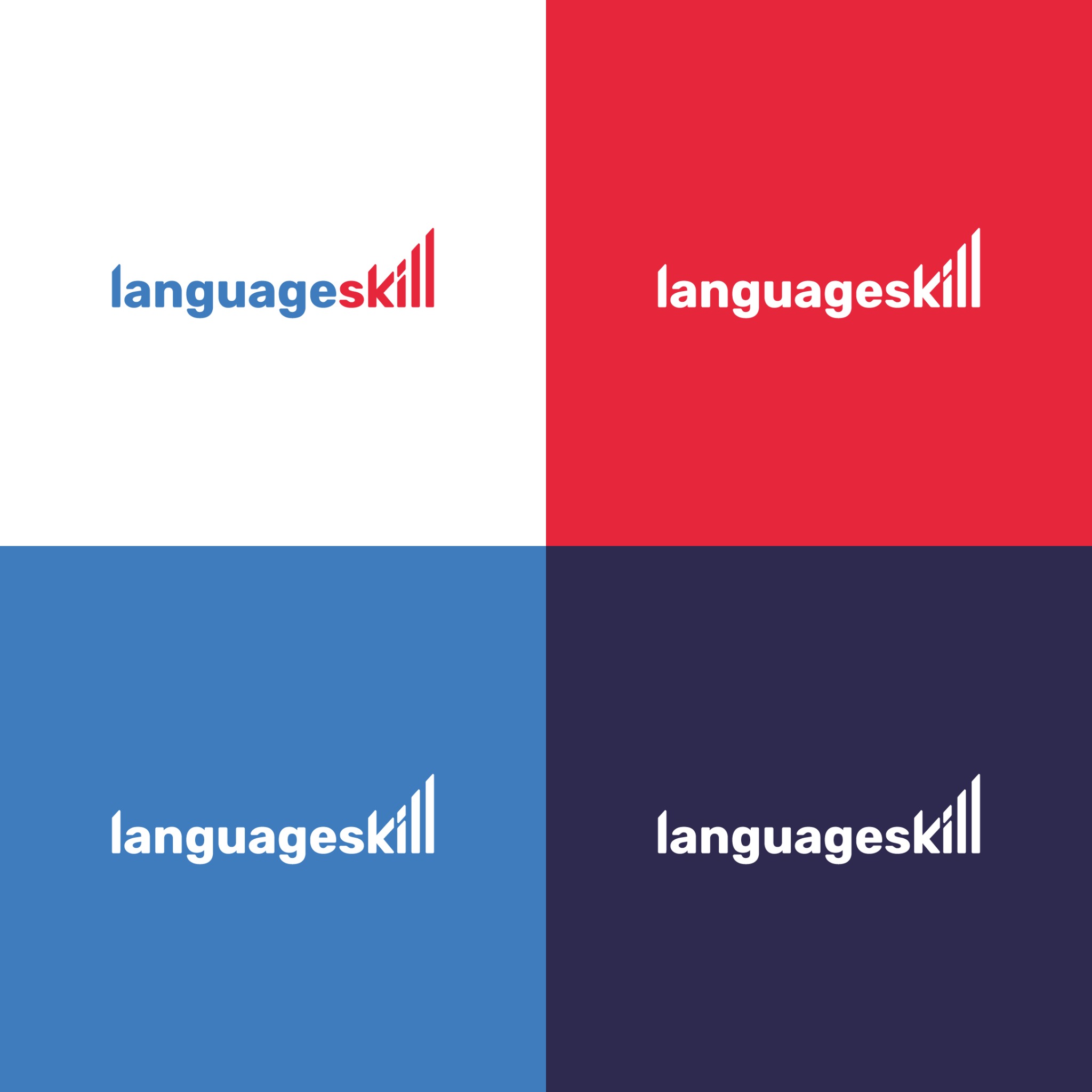 Cztery warianty logo 'languageskill' na białym, czerwonym, niebieskim i granatowym tle.