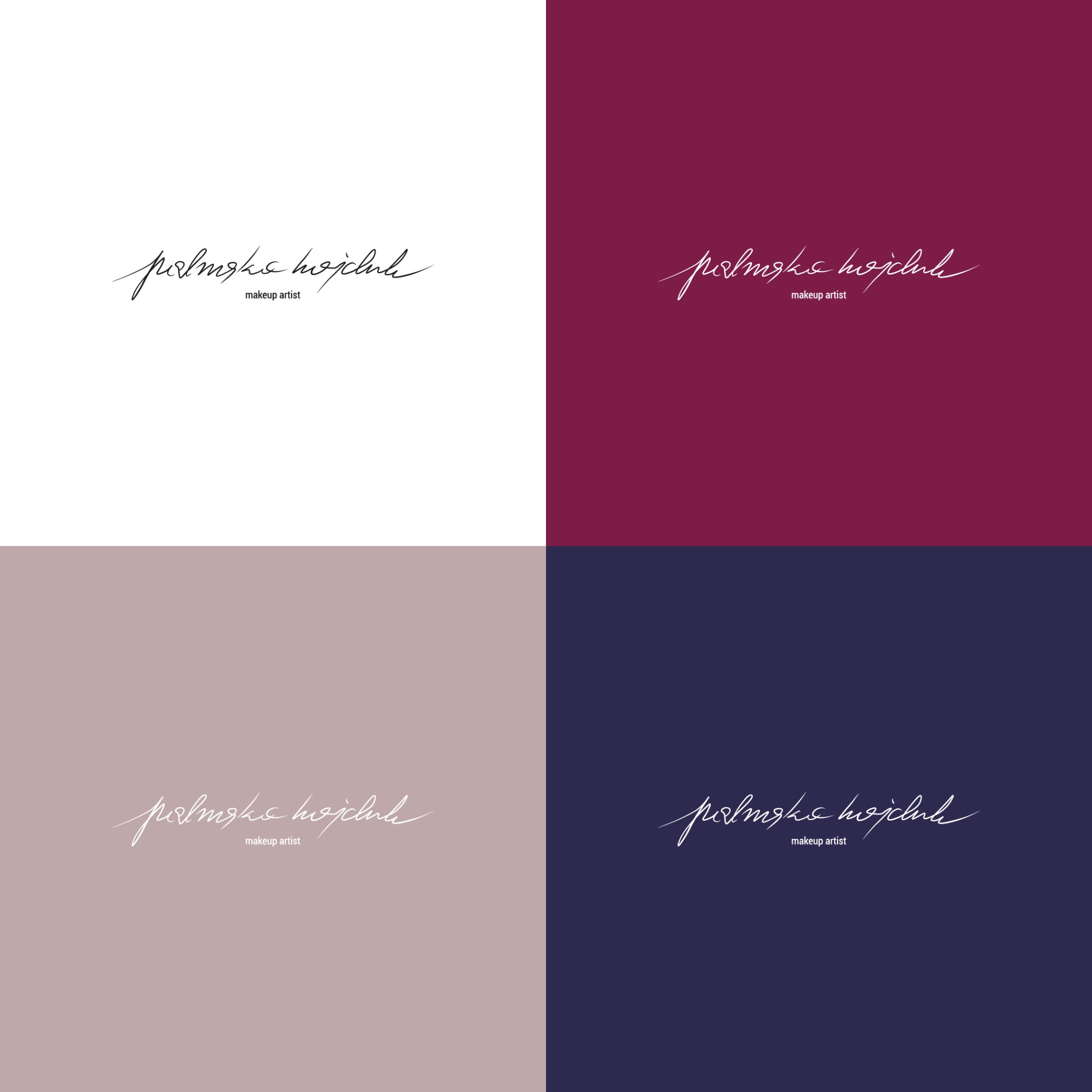 Cztery warianty logo z odręcznym pismem 'palmsks hojchuk' i dopiskiem 'makeup artist' na białym, bordowym, beżowym i granatowym tle.