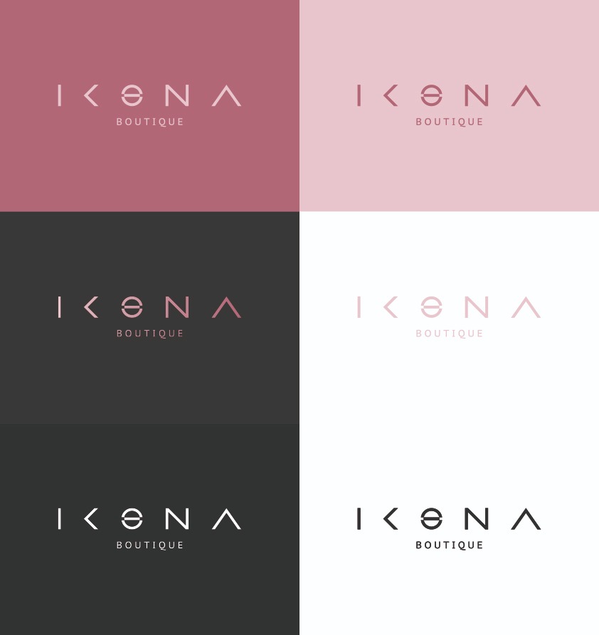 Kompilacja logo 'IKONA Boutique' w różnych wariantach kolorystycznych: różowy, jasnoróżowy, szary i biały, prezentująca minimalistyczny design.