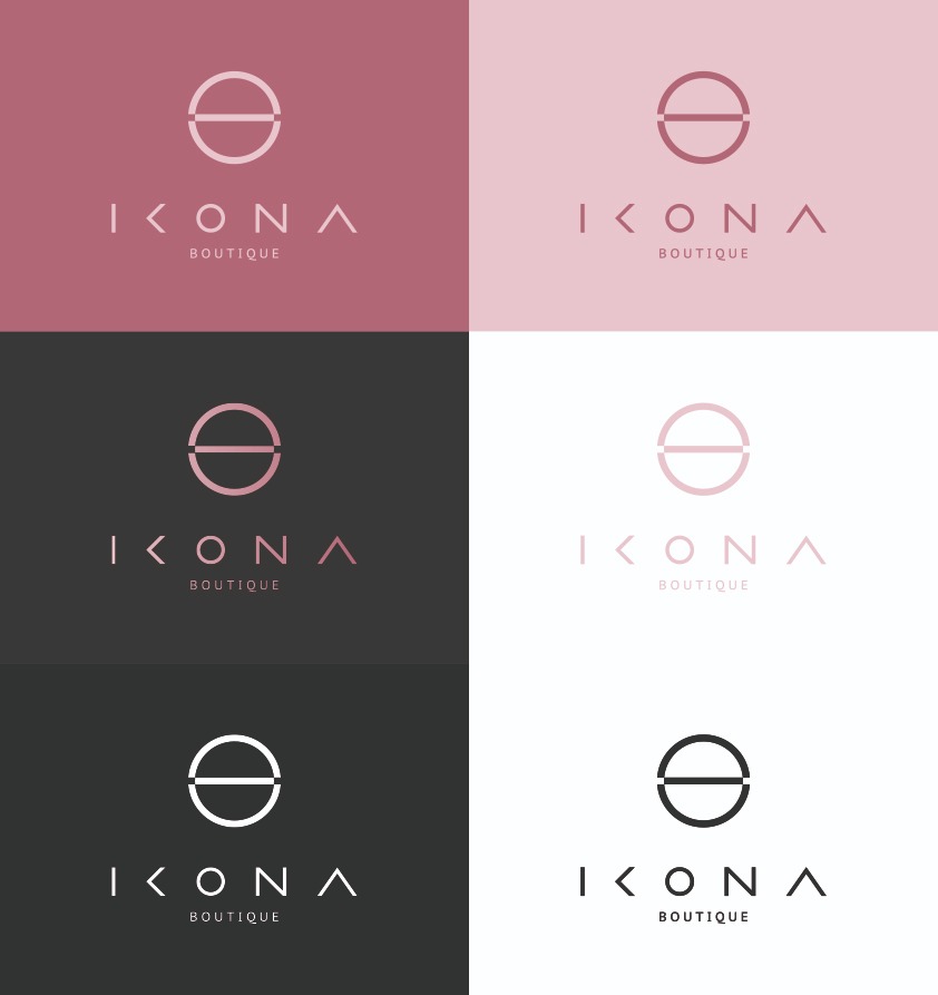 Kompozycja sześciu wariantów logo dla butiku IKONA, prezentująca różne kombinacje kolorystyczne: różowe, szare, białe i czarne tło z dopasowanymi kolorami logo.