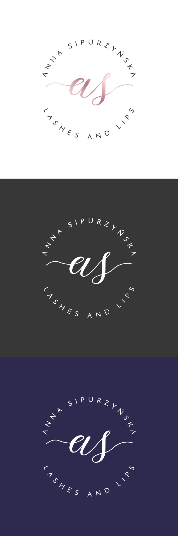 Trzy warianty okrągłego logo z inicjałami 'AS' w kursywie, otoczonymi napisem 'ANNA SIPURZYNSKA' u góry i 'LASHES AND LIPS' na dole, zaprezentowane na białym, szarym i granatowym tle.