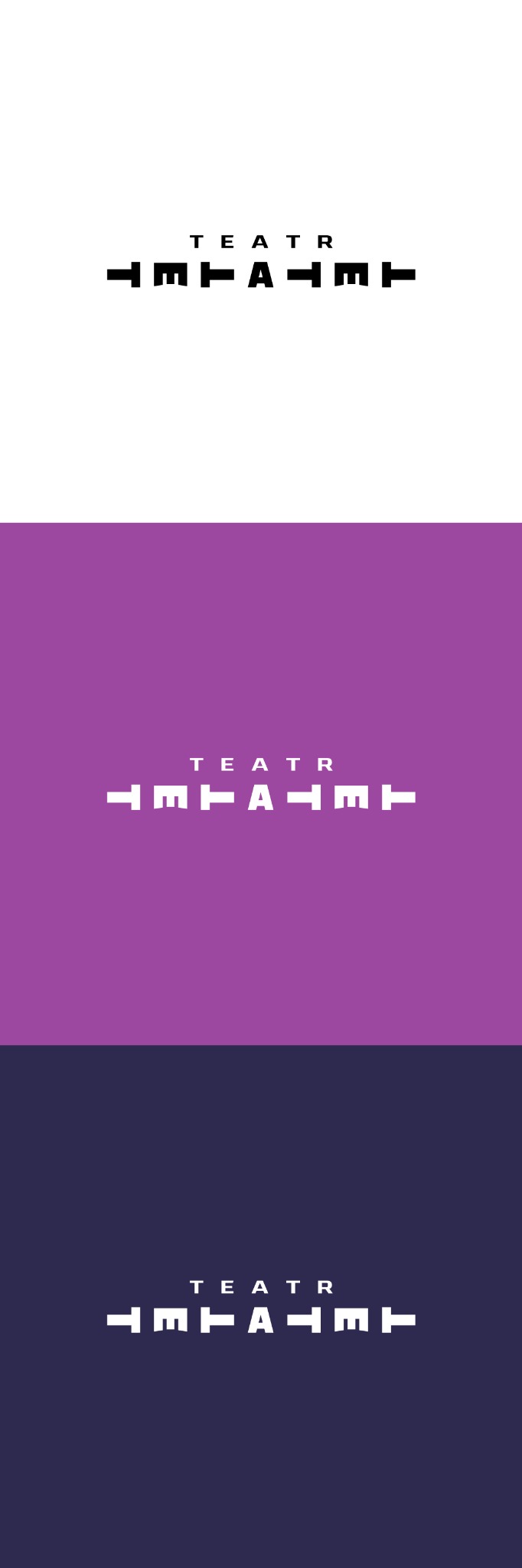Projekt logo dla Teatru: nazwa 'TEATR' w górnej części, poniżej stylizowany, geometryczny symbol w trzech wersjach kolorystycznych: biały na białym tle, biały na fioletowym tle i biały...