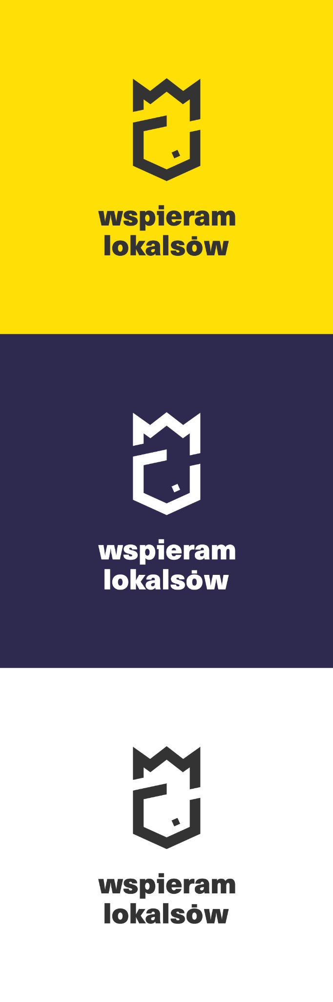 Projekt logo przedstawiający stylizowaną koronę w formie tarczy z hasłem 'wspieram lokalsów' w trzech wariantach kolorystycznych: czarny na żółtym, biały na granatowym i czarny na białym.