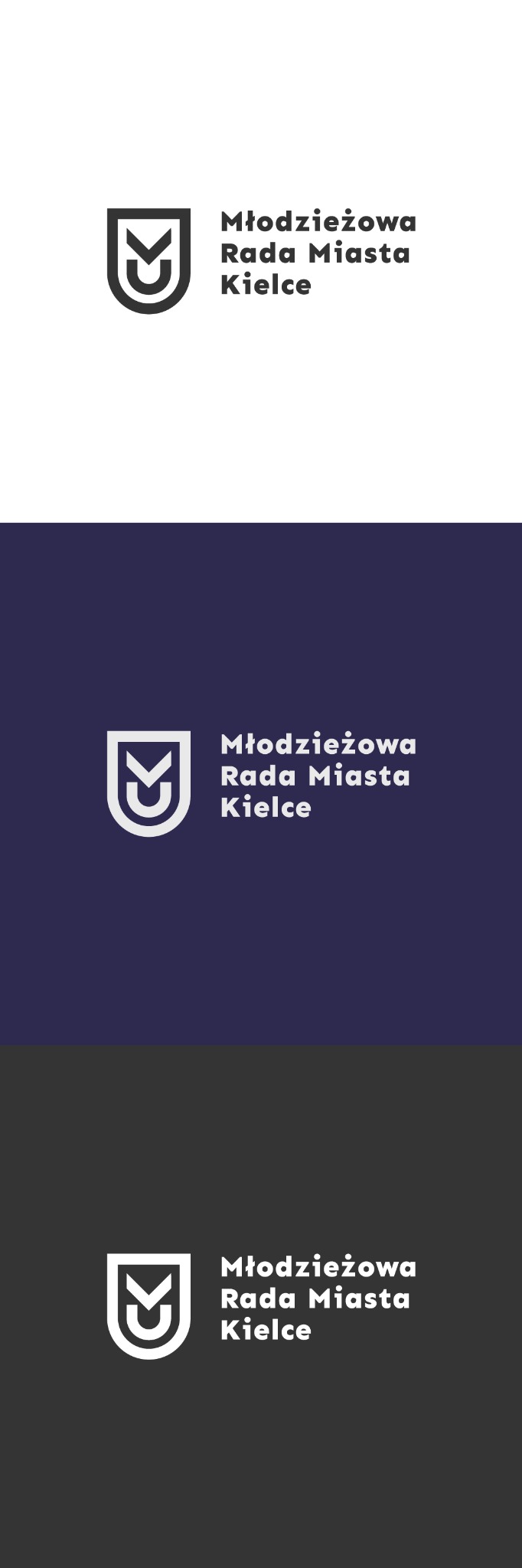Logo Młodzieżowej Rady Miasta Kielce w trzech wariantach kolorystycznych: białe na białym tle, białe na granatowym tle i białe na szarym tle. Logo składa się z tarczy z symbolem strzałki w dół...