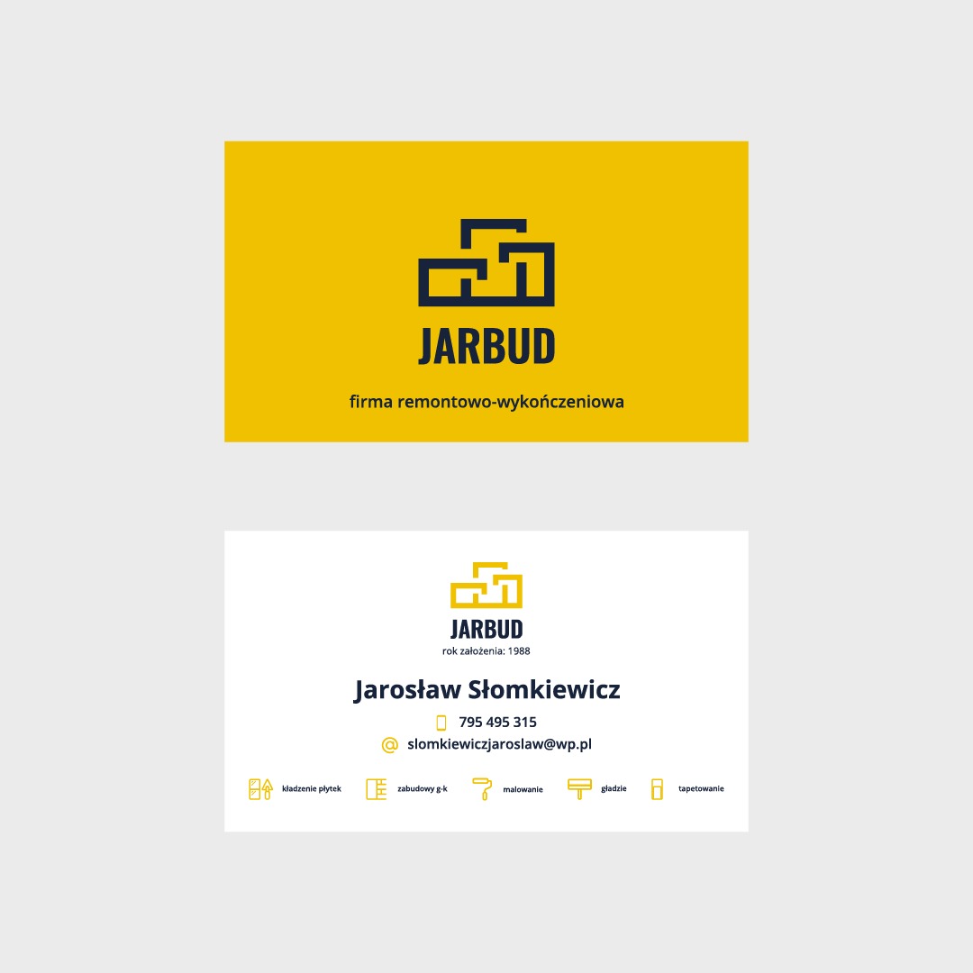 Żółto-biała wizytówka firmy remontowo-wykończeniowej JARBUD z niebieskim logo składającym się z geometrycznych kształtów, zawierająca dane kontaktowe i zakres usług.