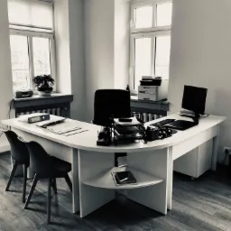 Białe biuro z ergonomicznym biurkiem, krzesłami i sprzętem biurowym, w tym komputerem, drukarką i niszczarką, w czarno-białej tonacji.