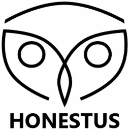 Stylizowane logo firmy Honestus przedstawiające sowę w czarnych liniach na białym tle, z nazwą firmy napisaną poniżej.