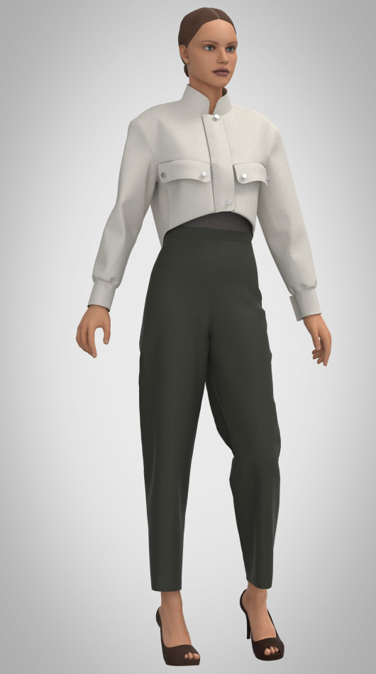 Modelka prezentuje stylizację: krótka, kremowa kurtka z kieszeniami i ciemne spodnie z wysokim stanem, uzupełnione brązowymi butami na obcasie.