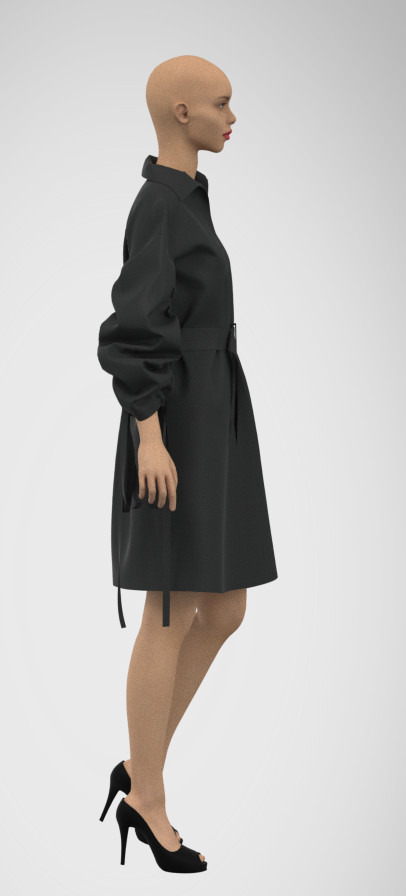 Cyfrowa wizualizacja czarnej sukienki koszulowej z paskiem, balonowymi rękawami i czarnymi szpilkami na manekinie bez włosów na białym tle.