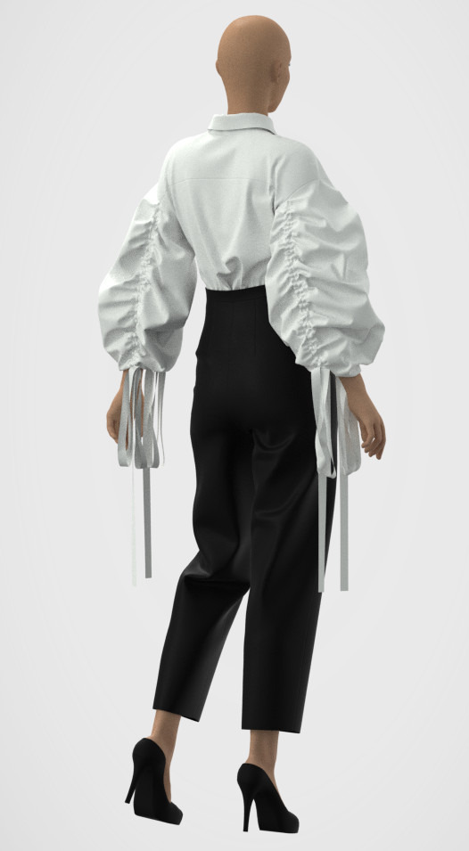 Widok z tyłu na manekina w białej koszuli z bufkami na rękawach wykończonych wstążkami, czarnych spodniach z wysokim stanem i czarnych butach na wysokim obcasie.