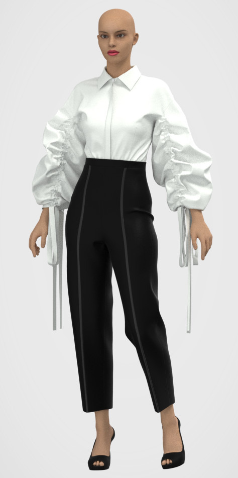 Wirtualny model prezentuje białą koszulę z bufiastymi rękawami i czarne spodnie z wysokim stanem oraz szpilki z odkrytymi palcami na jednolitym tle.