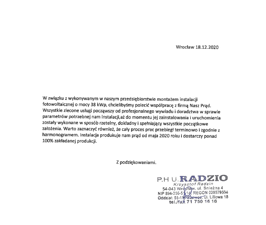 Skan listu referencyjnego firmy P.H.U. RADZIO z Wrocławia, datowany na 18.12.2020, polecający współpracę z firmą Nasz Prąd w zakresie montażu instalacji fotowoltaicznej o mocy 38 kWp.
