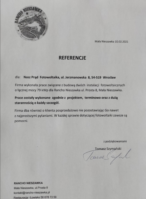 Skan referencji dla firmy Nasz Prąd Fotowoltaika, dotyczący budowy dwóch instalacji fotowoltaicznych o mocy 79 kWp dla Rancho Nieszawka, podpisane przez Tomasza Szymańskiego.