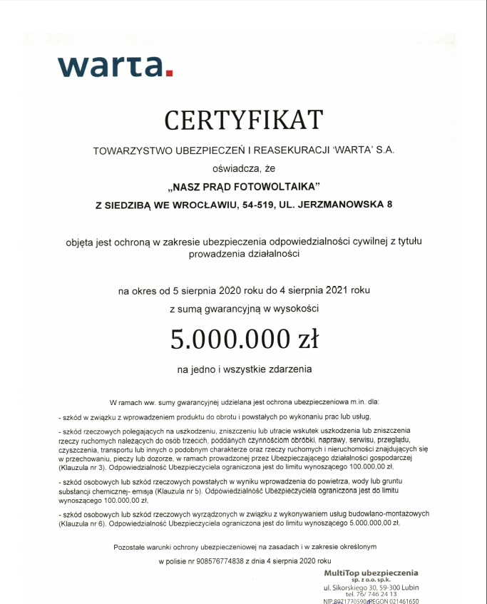 Skan certyfikatu ubezpieczenia firmy Warta dla działalności związanej z fotowoltaiką, obejmujący odpowiedzialność cywilną z sumą gwarancyjną 5.000.000 zł.