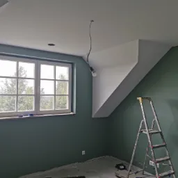 Pokój na poddaszu po świeżym pomalowaniu ścian na ciemnozielony kolor, widoczna drabina aluminiowa, zabezpieczone okno taśmą malarską, surowa żarówka zwisająca z sufitu.