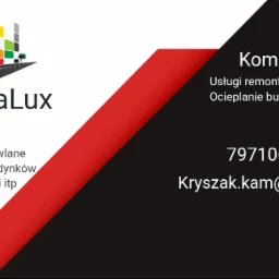 Wizyt&oacute;wka firmy KompaLux oferującej usługi remontowo-budowlane, ocieplanie budynk&oacute;w, glazurę i tynki. Zawiera logo z abstrakcyjnym budynkiem, numer telefonu, adres e-mail i lokalizację Ł&oacute;dź.