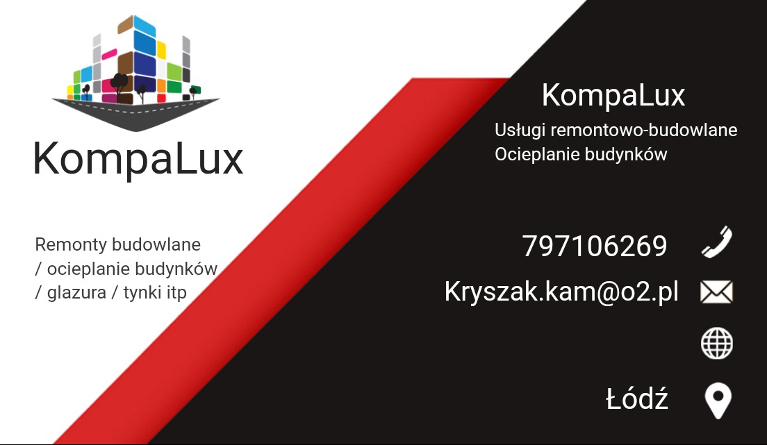 Wizytówka firmy KompaLux oferującej usługi remontowo-budowlane, ocieplanie budynków, glazurę i tynki. Zawiera logo z abstrakcyjnym budynkiem, numer telefonu, adres e-mail i lokalizację Łódź.